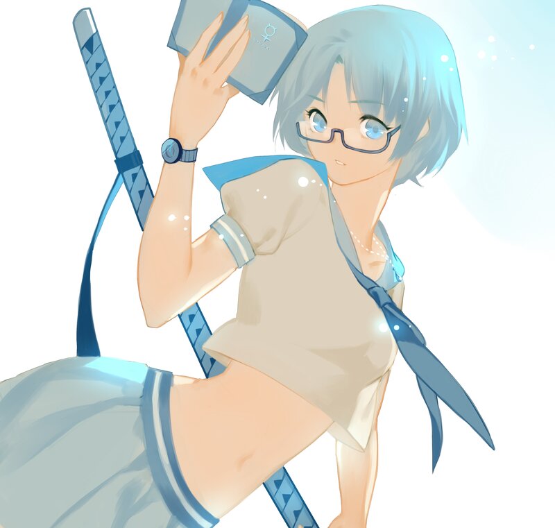 Anime Girl with Sword — Blue, Calm, Digital Art, Glasses