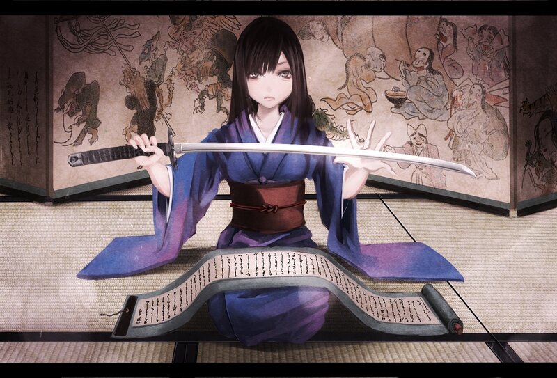 Anime Girl with Sword — Blue, Calm, Digital Art, Scroll