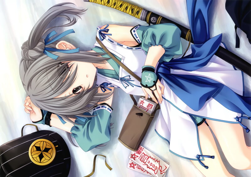 Anime Girl with Sword — Blue, Calm, Scrolls