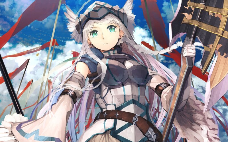 Anime Girl with Sword — Blue, Dramatic, Afternoon, Armor