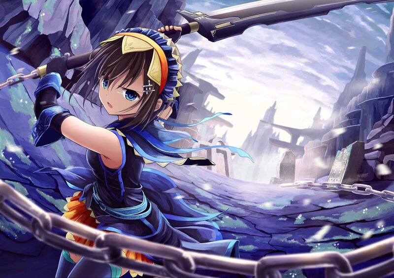 Anime Girl with Sword — Blue, Dramatic, Afternoon, Chain