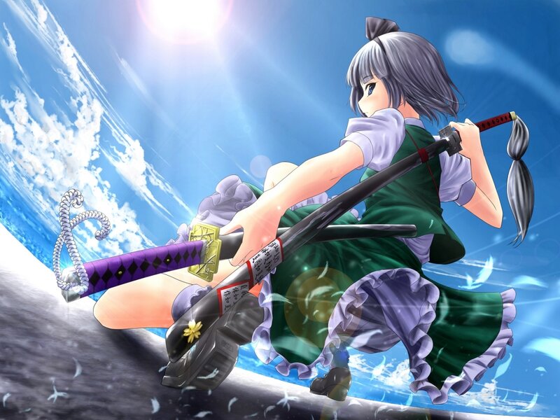 Anime Girl with Sword — Blue, Dramatic, Afternoon, Clouds, Sky