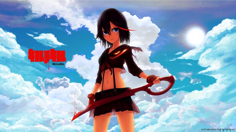 Anime Girl with Sword — Blue, Dramatic, Afternoon, Clouds, Sun