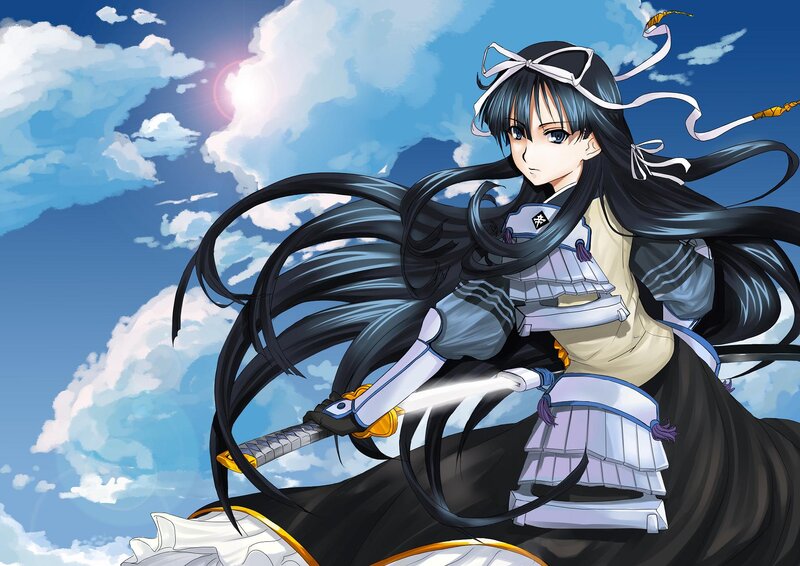 Anime Girl with Sword — Blue, Dramatic, Afternoon, Clouds