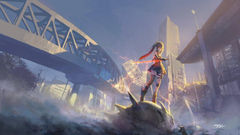 Anime Girl with Sword — Blue, Dramatic, Afternoon, Digital Art, City