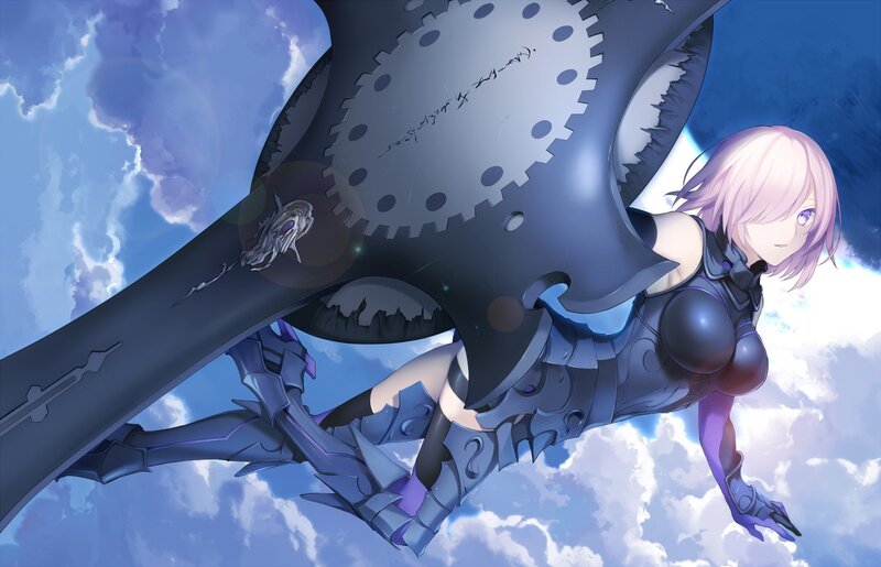 Anime Girl with Sword — Blue, Dramatic, Afternoon, Digital Art, Clouds, Armor