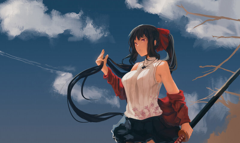 Anime Girl with Sword — Blue, Dramatic, Afternoon, Digital Art, Clouds, Branches