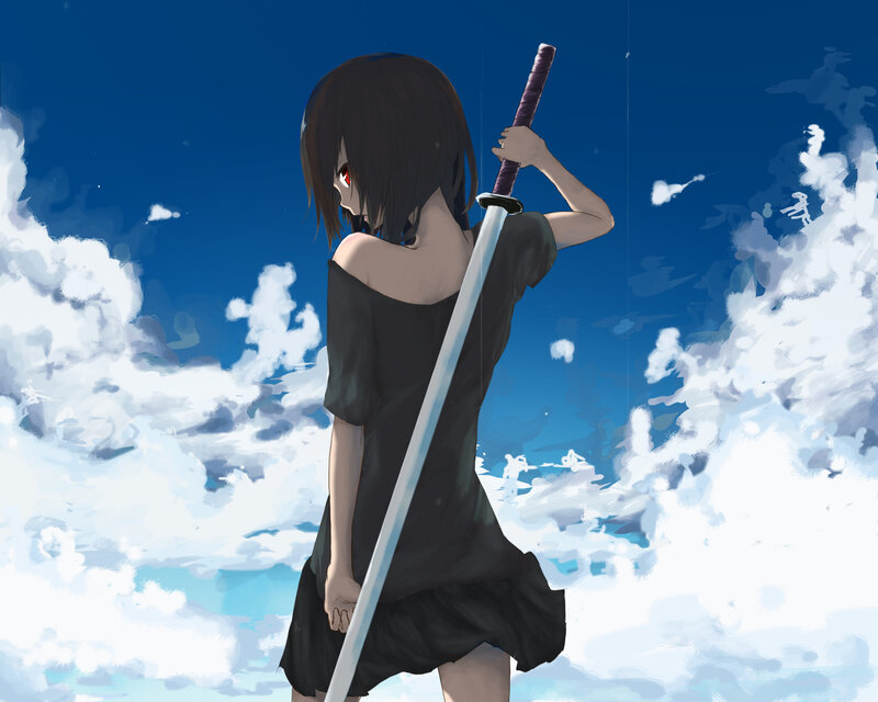 Anime Girl with Sword — Blue, Dramatic, Afternoon, Digital Art, Clouds