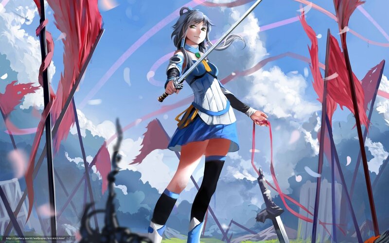 Anime Girl with Sword — Blue, Dramatic, Afternoon, Digital Art, Flags