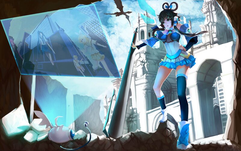 Anime Girl with Sword — Blue, Dramatic, Afternoon, Digital Art, Hologram