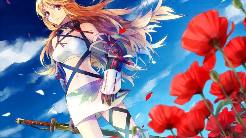 Anime Girl with Sword — Blue, Dramatic, Afternoon, Digital Art, Red Poppies