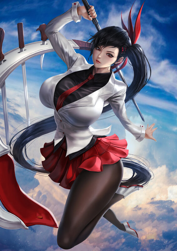Anime Girl with Sword — Blue, Dramatic, Afternoon, Digital Art, Skirt