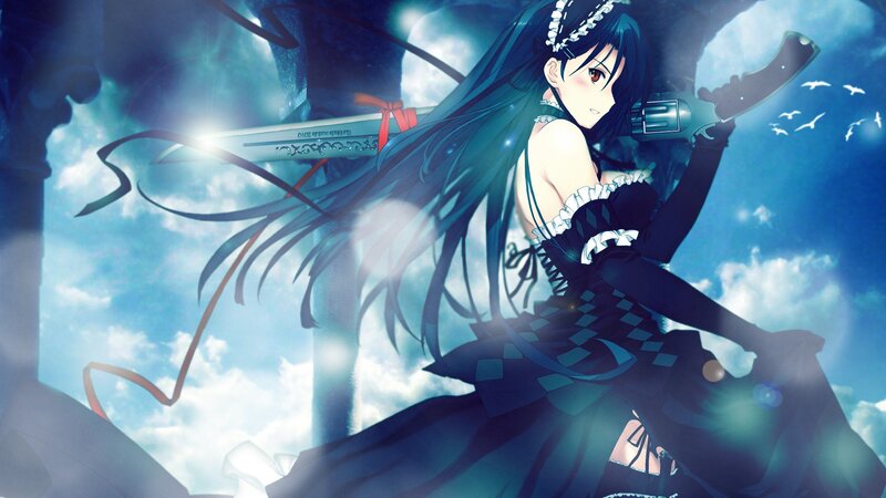 Anime Girl with Sword — Blue, Dramatic, Afternoon, Gun