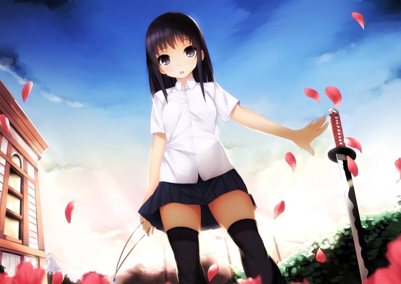 Anime Girl with Sword — Blue, Dramatic, Afternoon, Petals