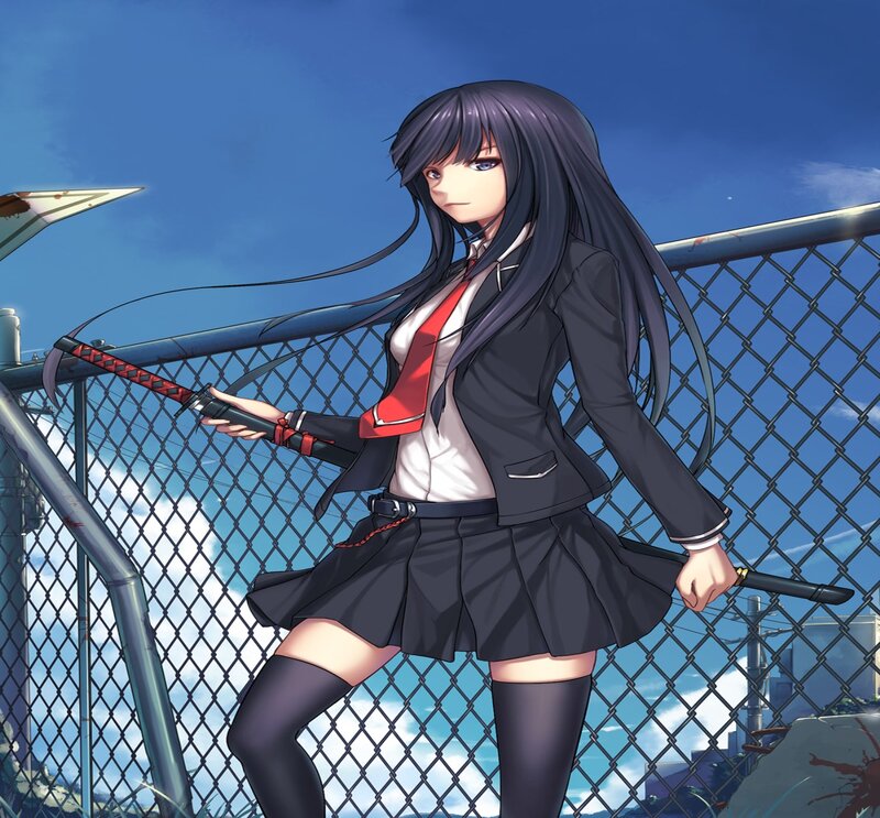 Anime Girl with Sword — Blue, Dramatic, Afternoon, School Uniform, Chain-link Fence