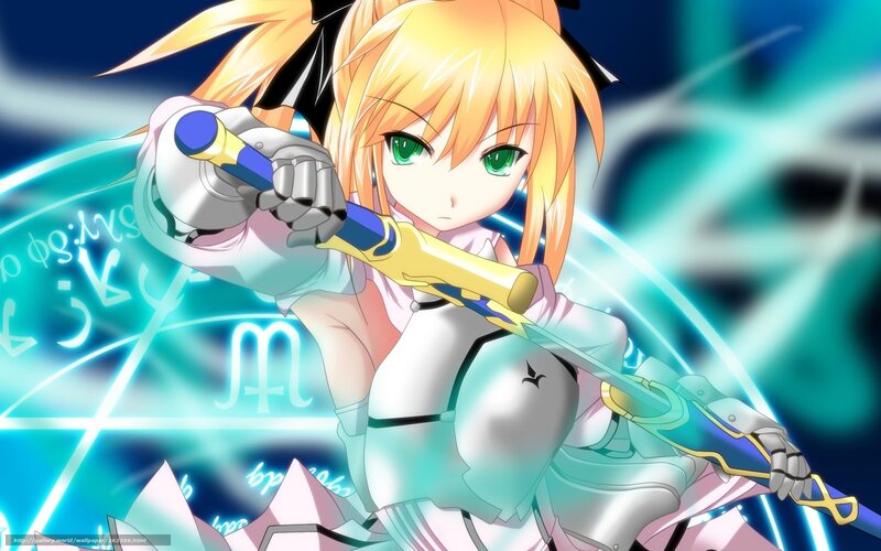 Anime Girl with Sword — Blue, Dramatic, Armor, Magic Circle