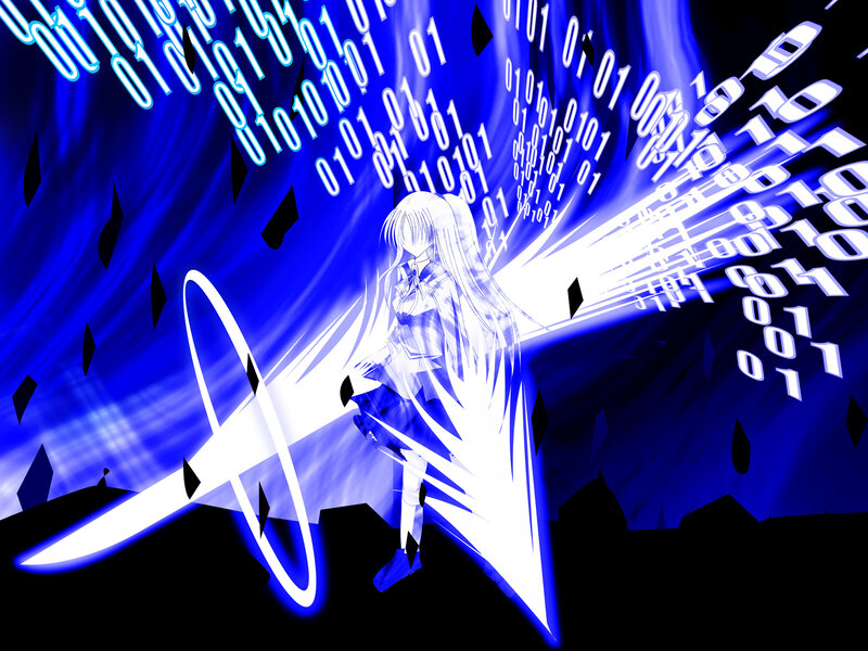 Anime Girl with Sword — Blue, Dramatic, Binary Code