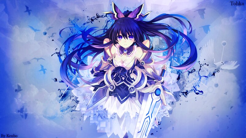 Anime Girl with Sword — Blue, Dramatic, Birds
