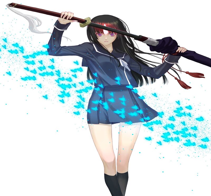 Anime Girl with Sword — Blue, Dramatic, Butterflies