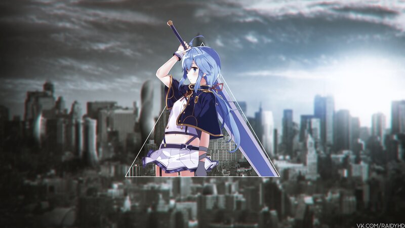 Anime Girl with Sword — Blue, Dramatic, Cityscape