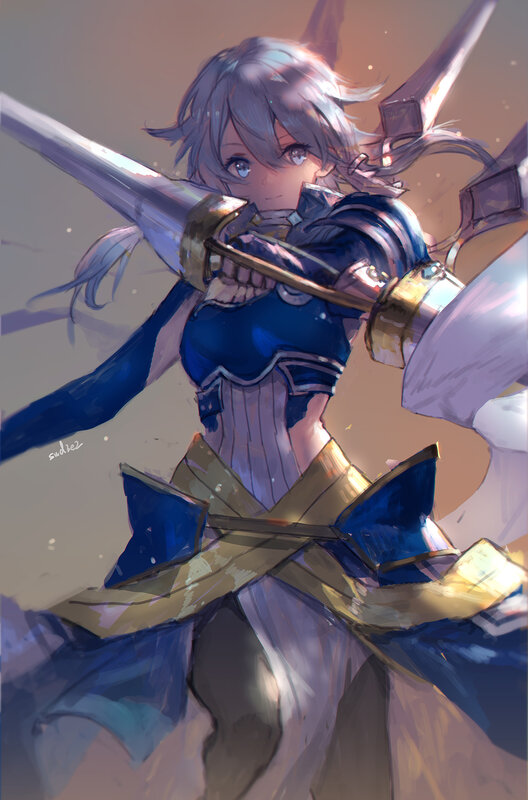 Anime Girl with Sword — Blue, Dramatic, Digital Art, Armor, Blue Dress