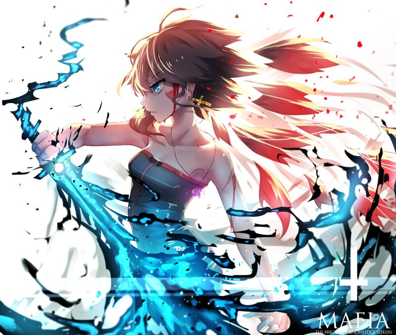 Anime Girl with Sword — Blue, Dramatic, Digital Art, Blood Splatter