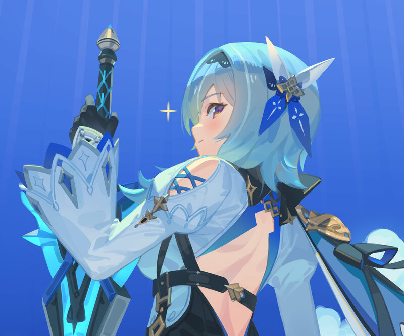 Anime Girl with Sword — Blue, Dramatic, Digital Art, Blue Hair