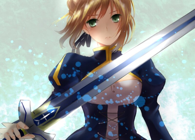 Anime Girl with Sword — Blue, Dramatic, Digital Art, Blue Splatters