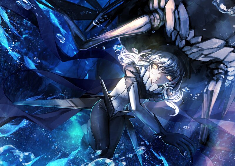 Anime Girl with Sword — Blue, Dramatic, Digital Art, Bubbles