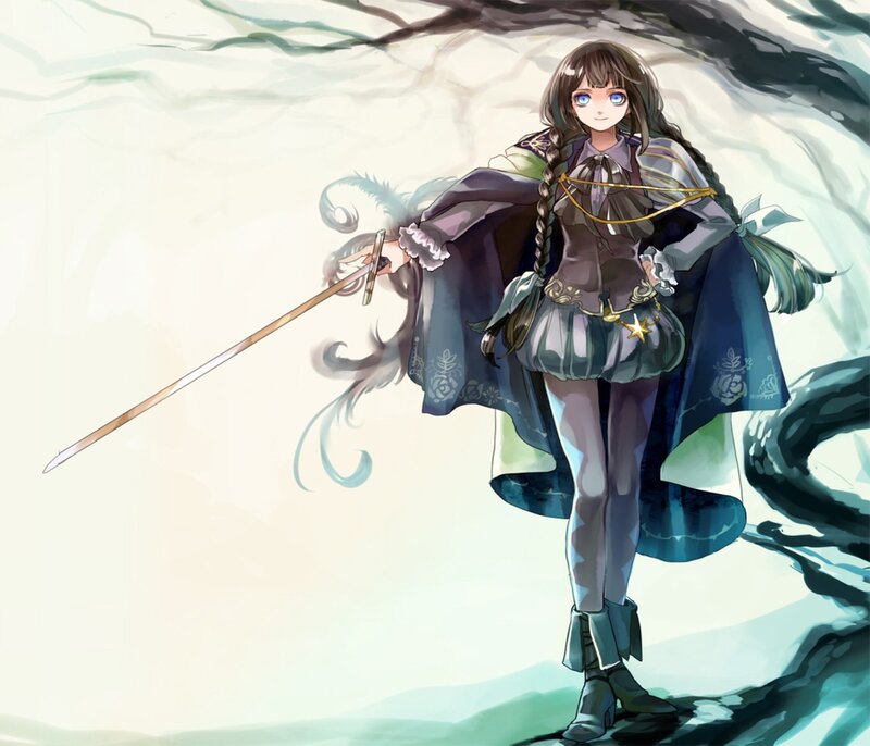 Anime Girl with Sword — Blue, Dramatic, Digital Art, Cape, Braid