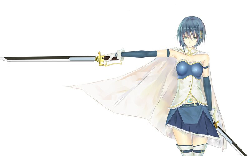 Anime Girl with Sword — Blue, Dramatic, Digital Art, Cape, Skirt