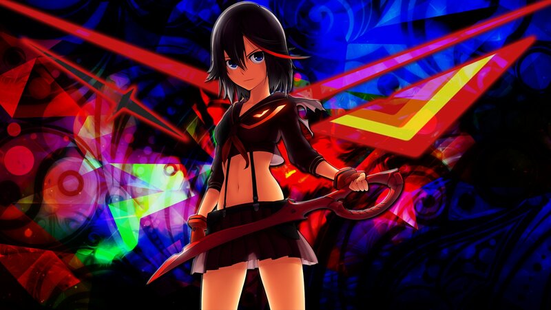 Anime Girl with Sword — Blue, Dramatic, Digital Art, Colorful Background