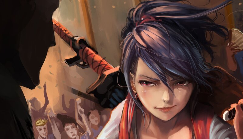 Anime Girl with Sword — Blue, Dramatic, Digital Art, Crowd