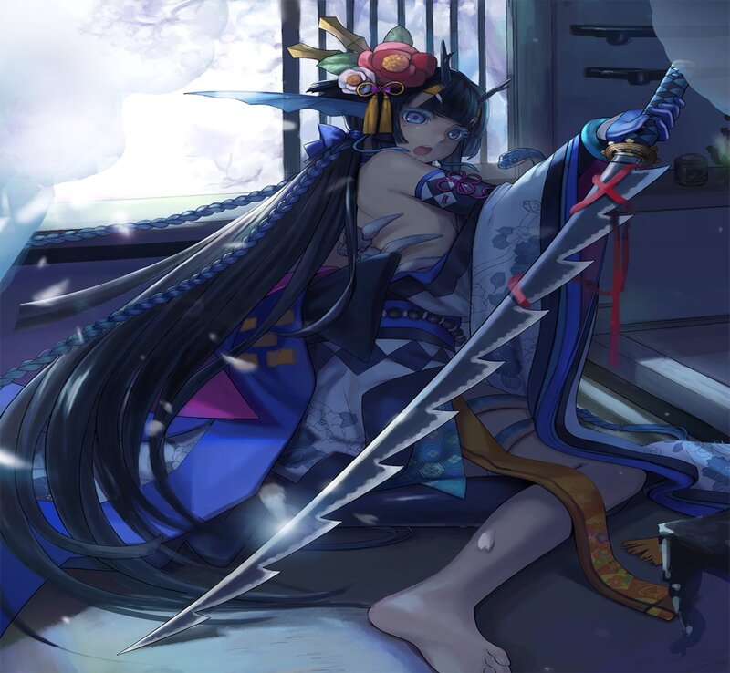 Anime Girl with Sword — Blue, Dramatic, Digital Art, Flower