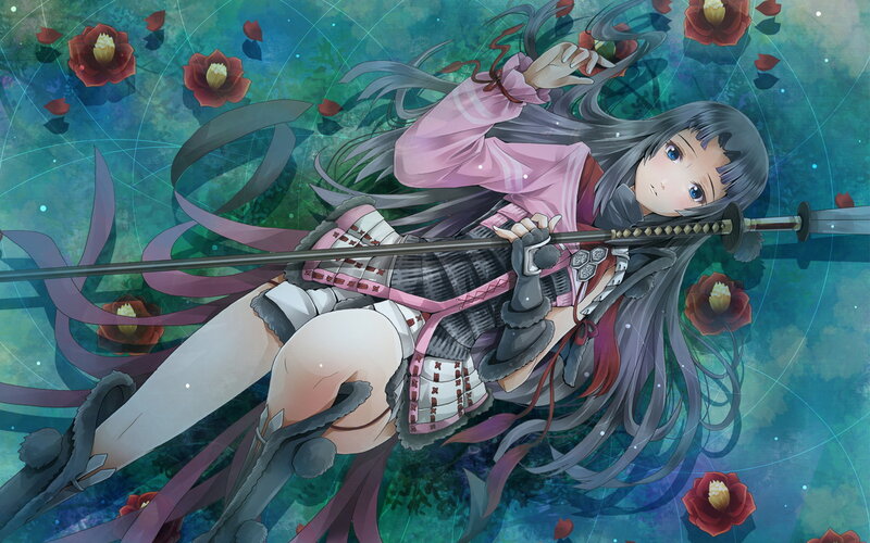 Anime Girl with Sword — Blue, Dramatic, Digital Art, Flowers