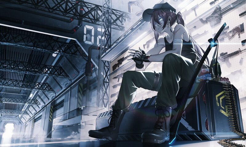 Anime Girl with Sword — Blue, Dramatic, Digital Art, Gun Rack