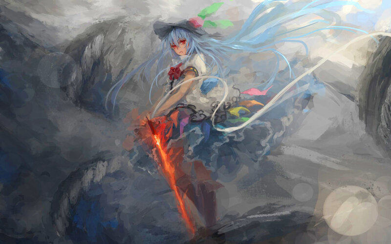 Anime Girl with Sword — Blue, Dramatic, Digital Art, Hat