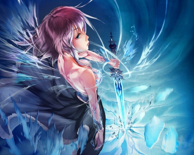 Anime Girl with Sword — Blue, Dramatic, Digital Art, Ice, Magic