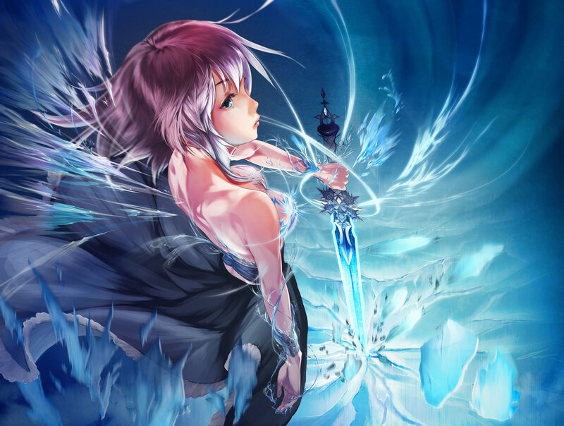 Anime Girl with Sword — Blue, Dramatic, Digital Art, Ice
