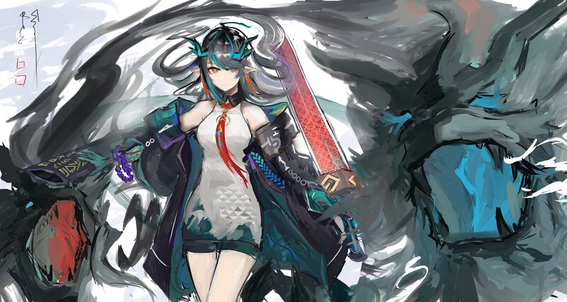 Anime Girl with Sword — Blue, Dramatic, Digital Art, Long Hair, Coat