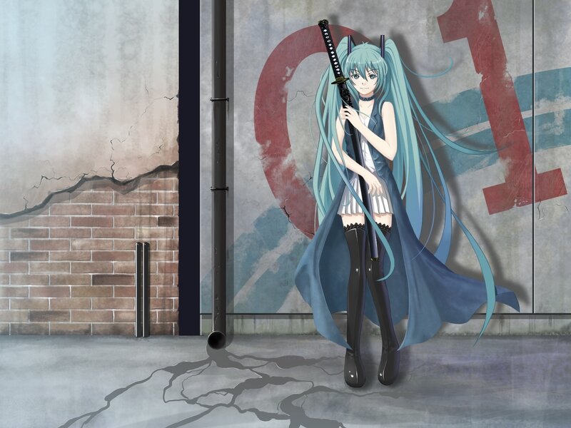 Anime Girl with Sword — Blue, Dramatic, Digital Art, Long Hair