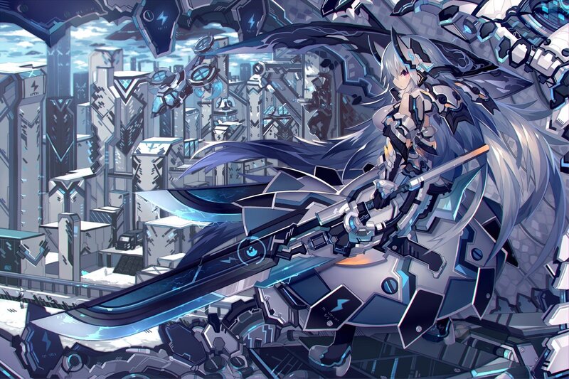Anime Girl with Sword — Blue, Dramatic, Digital Art, Mecha