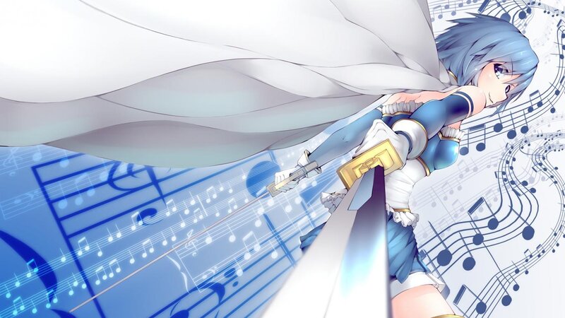 Anime Girl with Sword — Blue, Dramatic, Digital Art, Music Notes, Cape