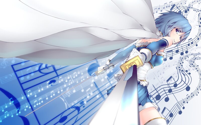 Anime Girl with Sword — Blue, Dramatic, Digital Art, Music Notes