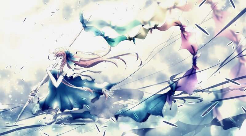 Anime Girl with Sword — Blue, Dramatic, Digital Art, Ribbon