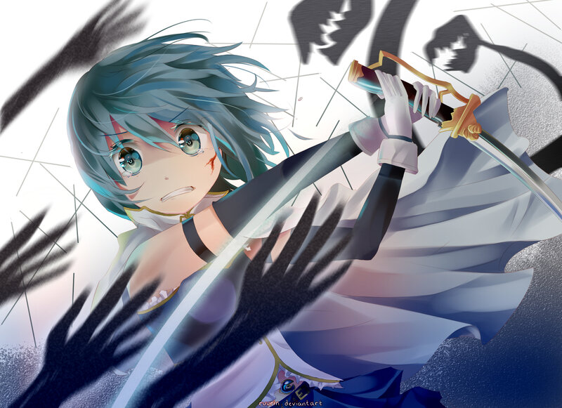 Anime Girl with Sword — Blue, Dramatic, Digital Art, Shadow Hands