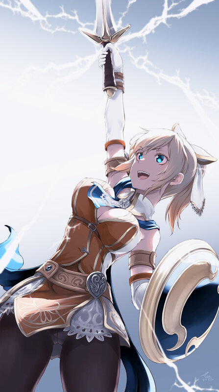 Anime Girl with Sword — Blue, Dramatic, Digital Art, Shield, Lightning
