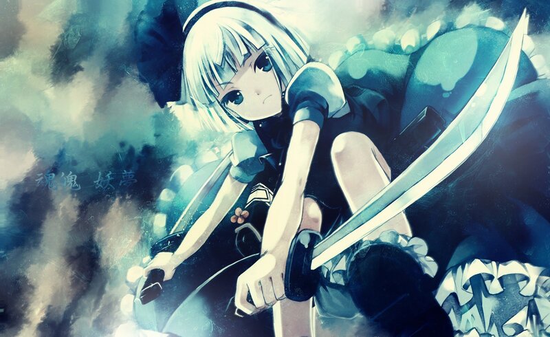 Anime Girl with Sword — Blue, Dramatic, Digital Art, Smoke