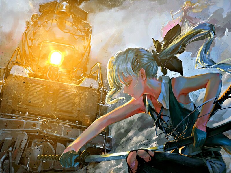 Anime Girl with Sword — Blue, Dramatic, Digital Art, Train