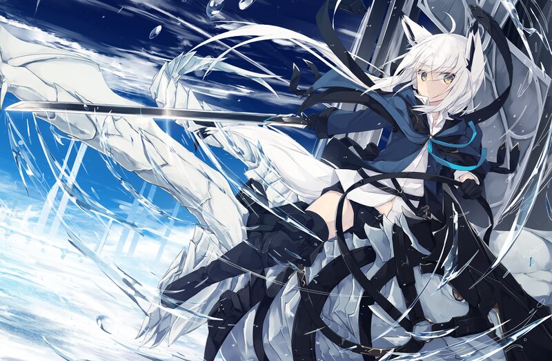 Anime Girl with Sword — Blue, Dramatic, Digital Art, White Hair